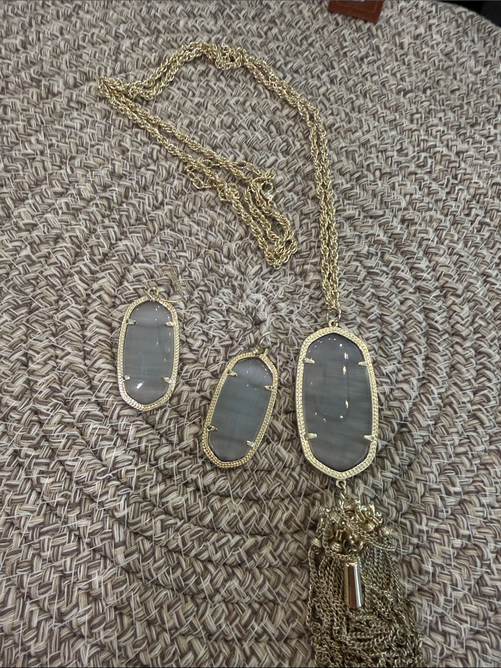 Kendra Scott Gold-Tone Gray Stone Tassel Pendant Necklace with Matching Earrings